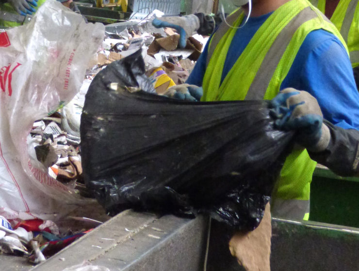 A sorter at WM recycling facility pulls out a plastic trash bag that will go into landfill with all its contents whether recycling or trash. Photo by Suzanne Guldimann